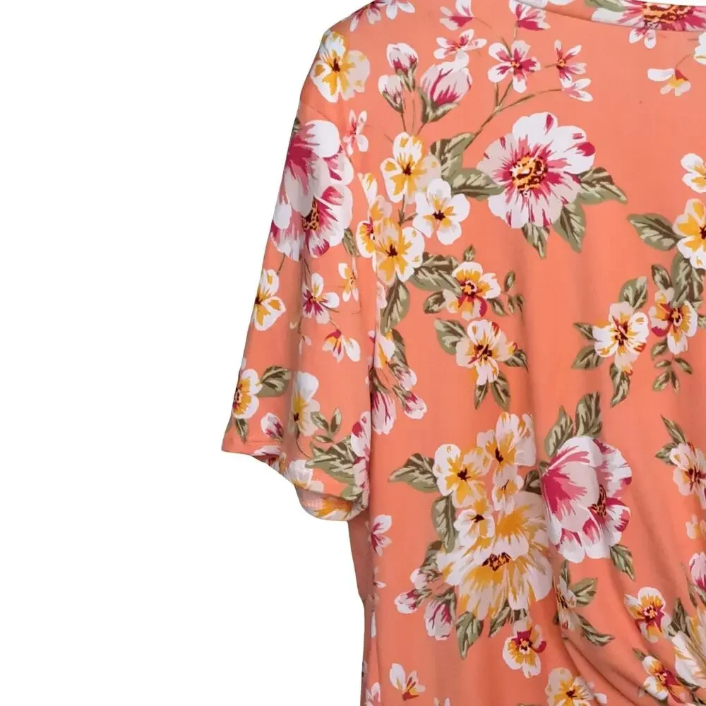 Tiana B Coral Pink Floral Short Sleeve Twist Front Top NWT Size 1X
